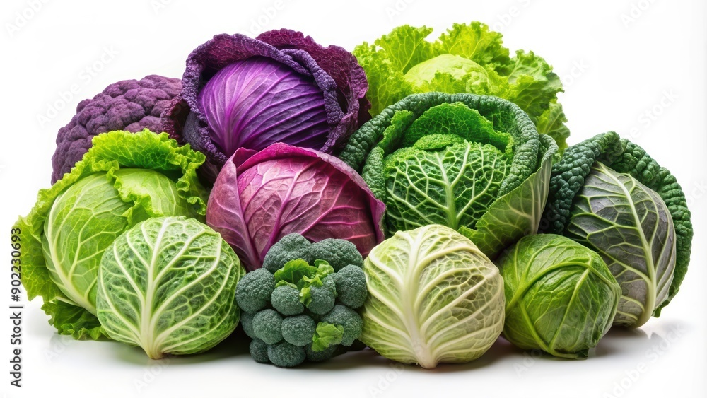 Fototapeta premium Assorted Green, Red, and Purple Cabbages and Broccoli