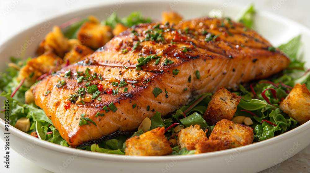 A bowl of salad with croutons topped with a big grilled salmon fillet A bowl of salad with croutons topped with a big grilled salmon fillet