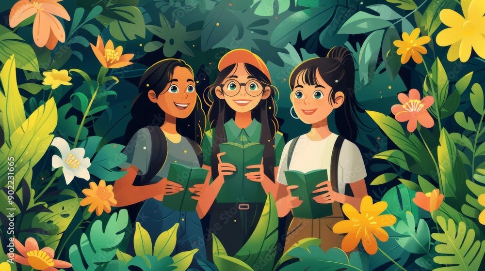 Team of horticulturists discussing plant growth data, with flowers and plants all around. Cartoon illustrations vectors Team of horticulturists discussing plant growth data, with flowers and plants all around. Cartoon illustrations vectors