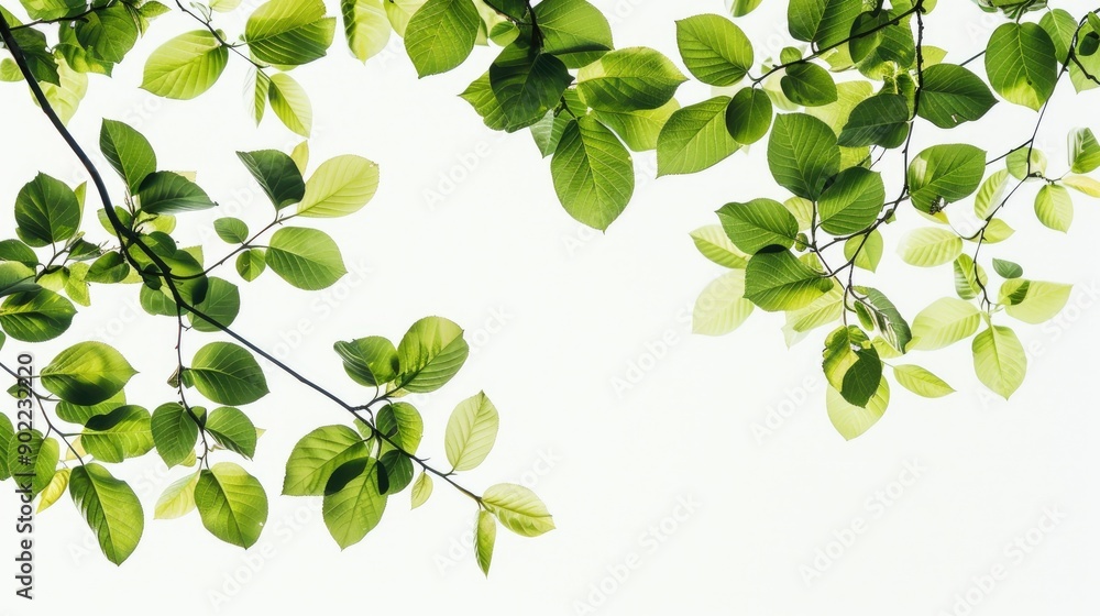 Close up of leafy tree branches on white backdrop Close up of leafy tree branches on white backdrop