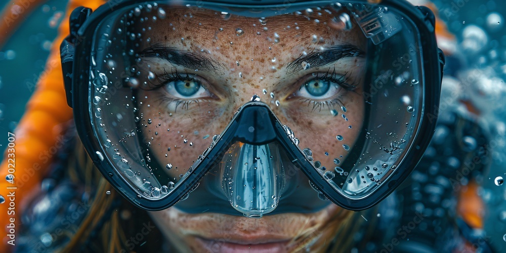 Intense shot of a deep-sea diver just after surfacing Intense shot of a deep-sea diver just after surfacing