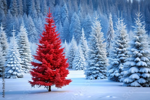 Wallpaper Mural Vibrant red Christmas tree stands alone in a serene snow-covered white aspen forest surrounded by majestic red spruce trees, creating a breathtaking winter wonderland scene. Torontodigital.ca