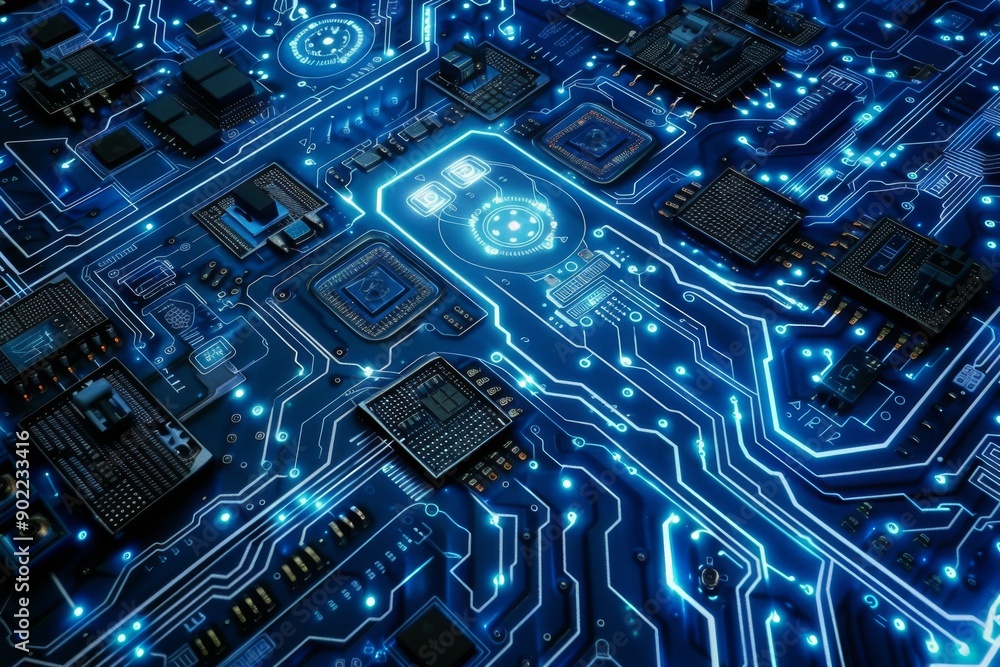 Blue and silver circuit board with intricate pathways symbolizing technological complexity Blue and silver circuit board with intricate pathways symbolizing technological complexity