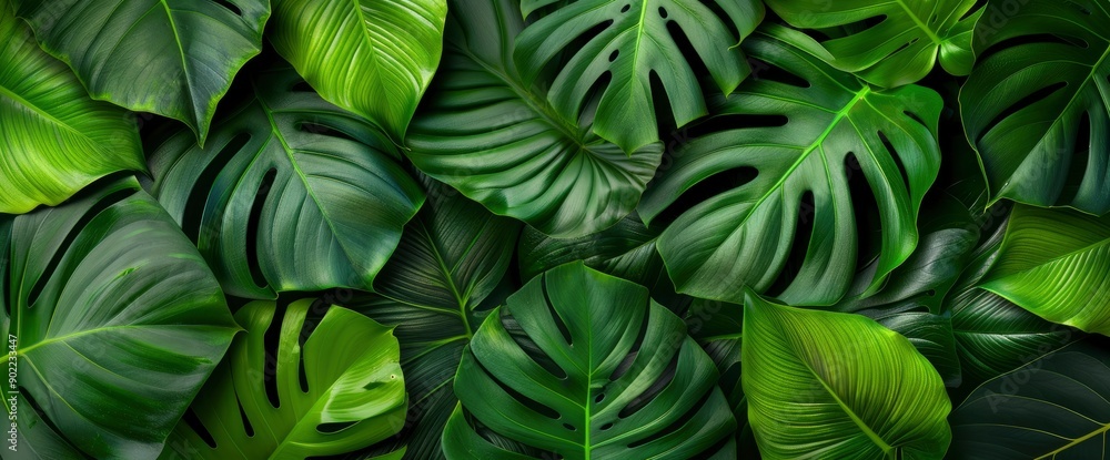 Obraz premium 3D Tropical Green Monstera Leaves Isolated, Representing Exotic Jungle Vibes