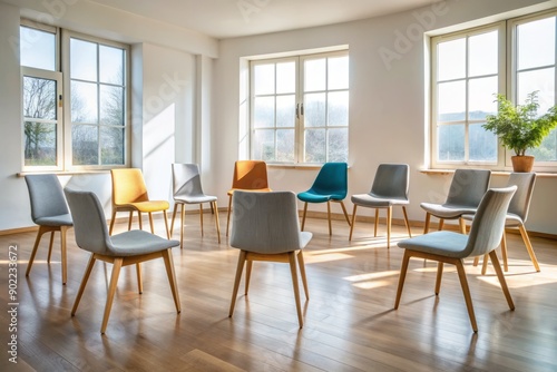 Empty chairs arranged in a circle, representing a therapy group session, symbolizing support, mental health, and psychological help for individuals seeking comfort and understanding.