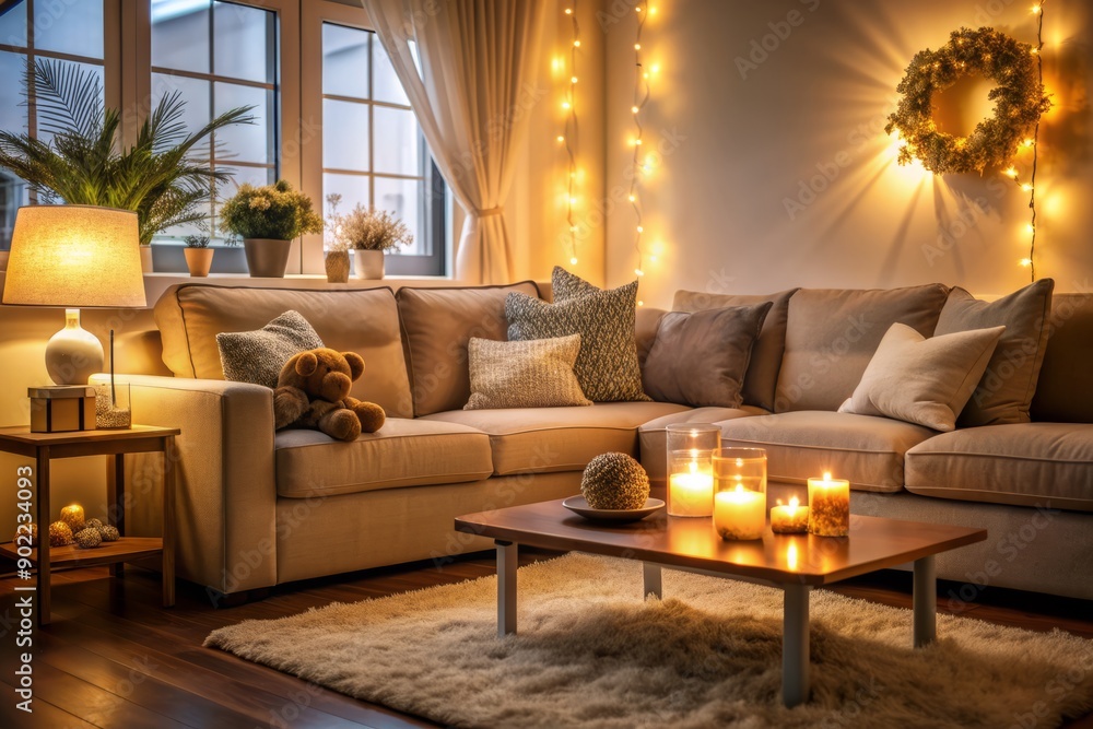 Fototapeta premium Cozy living room atmosphere with soft lighting, plush couch, and warm colors, conveying comfort, love, and reassurance in a tender family setting.