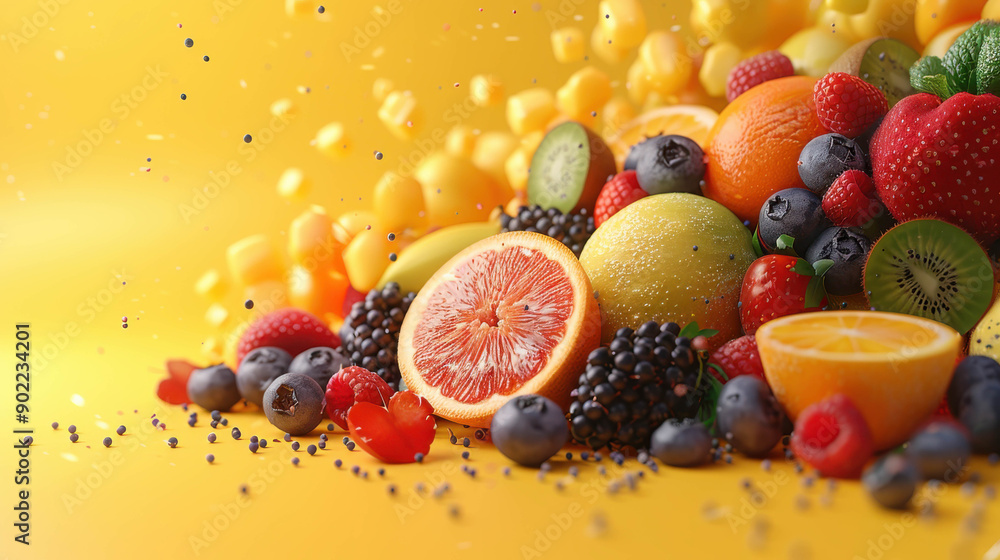 An explosion of citrus fruits, berries, and mint leaves splashing against a bright yellow background, showcasing freshness and vibrancy.
An explosion of citrus fruits, berries, and mint leaves splashing against a bright yellow background, showcasing freshness and vibrancy.