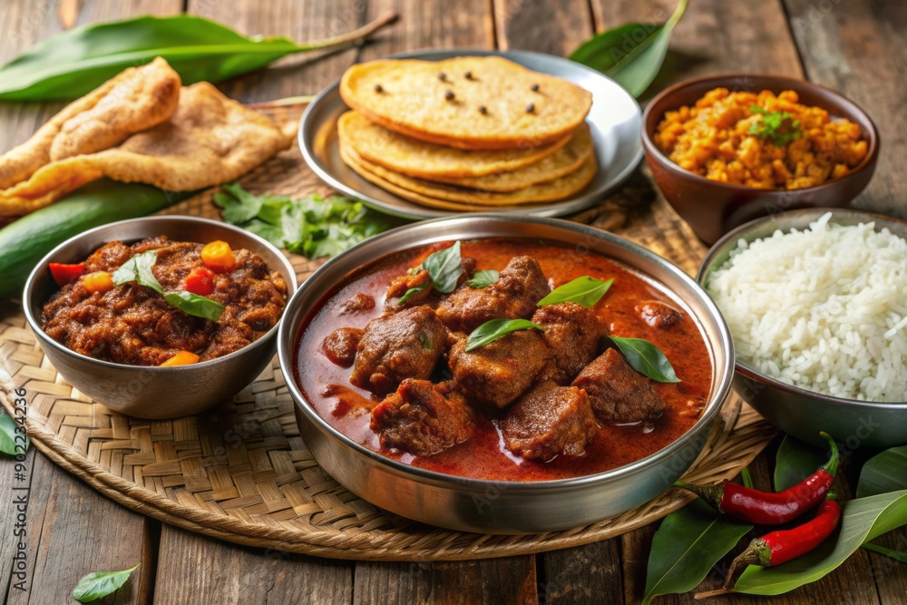 Savory South Indian Kerala-style spicy red beef fry curry served over a bed of brown rice, accompanied by side dishes of ghee rice, appam, parotta, and puttu. Savory South Indian Kerala-style spicy red beef fry curry served over a bed of brown rice, accompanied by side dishes of ghee rice, appam, parotta, and puttu.