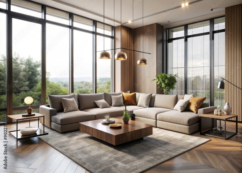 Contemporary living room with sleek lines, neutral tones, and floor-to-ceiling windows, featuring a stylish sectional sofa, coffee table, and modern decorative accents. Contemporary living room with sleek lines, neutral tones, and floor-to-ceiling windows, featuring a stylish sectional sofa, coffee table, and modern decorative accents.