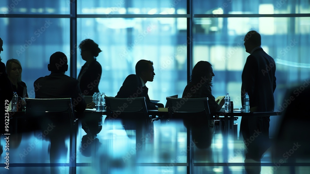 Silhouetted business professionals engaged in discussions during a meeting in a modern office setting with a blue-tinted background. Silhouetted business professionals engaged in discussions during a meeting in a modern office setting with a blue-tinted background.