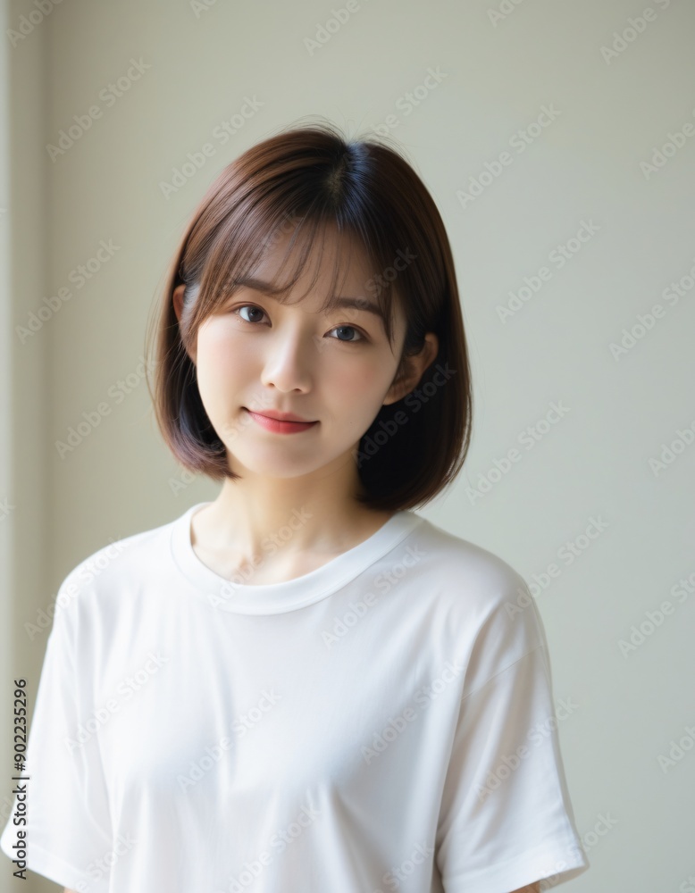 Portrait photo of Beautiful Japanese Woman in Casual Attire Posing by Window with Natural Light. Portrait photo of Beautiful Japanese Woman in Casual Attire Posing by Window with Natural Light.