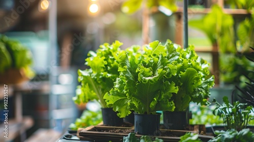 Fresh Greens in a Greenhouse: A vibrant close-up showcasing a cluster of lush, green lettuce plants thriving in a greenhouse setting, bathed in soft, natural light. The image evokes a sense of freshne photo