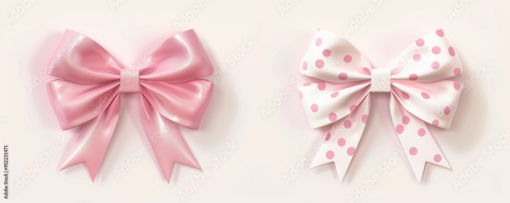 Pink and yellow satin bows with tails, isolated on white background Pink and yellow satin bows with tails, isolated on white background