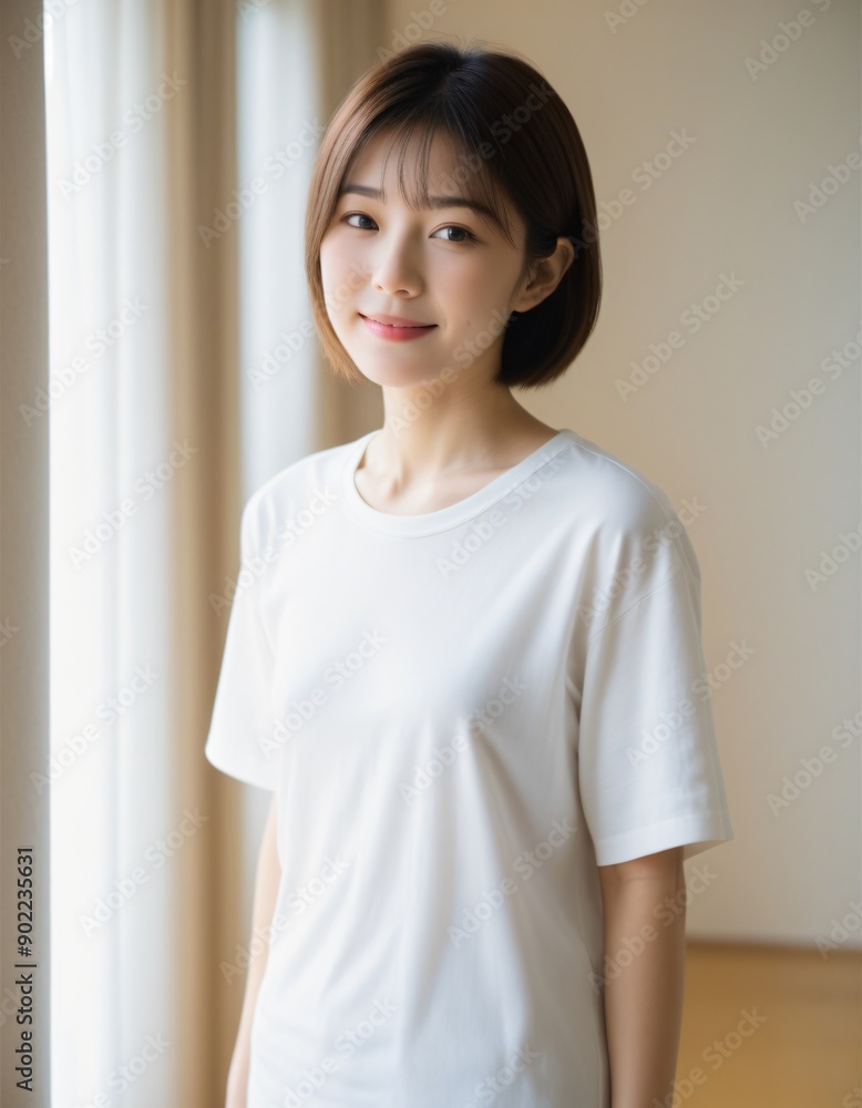 Portrait photo of Beautiful Japanese Woman in Casual Attire Posing by Window with Natural Light. Portrait photo of Beautiful Japanese Woman in Casual Attire Posing by Window with Natural Light.