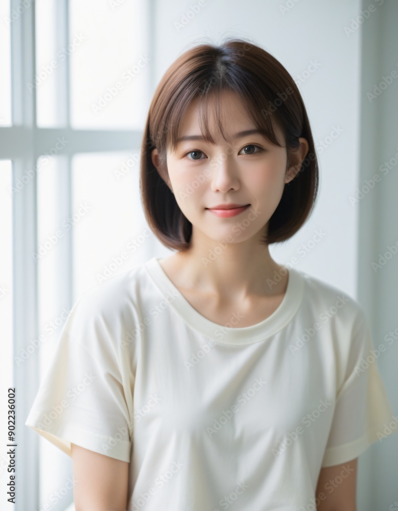 Portrait photo of Beautiful Japanese Woman in Casual Attire Posing by Window with Natural Light. Portrait photo of Beautiful Japanese Woman in Casual Attire Posing by Window with Natural Light.