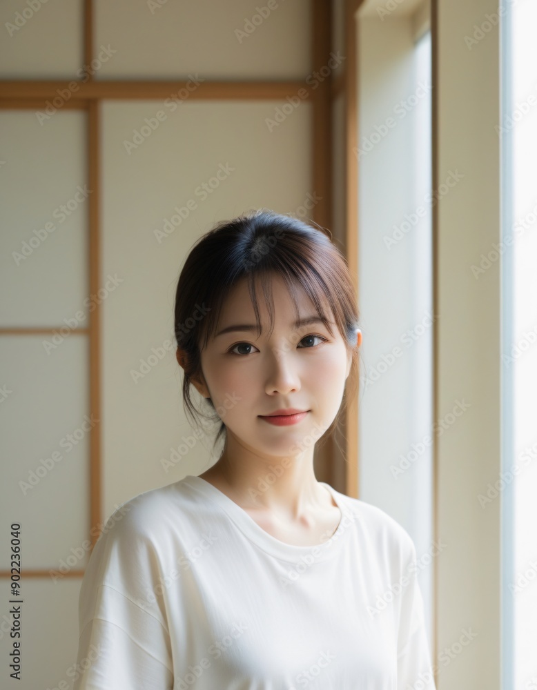 Portrait photo of Beautiful Japanese Woman in Casual Attire Posing by Window with Natural Light. Portrait photo of Beautiful Japanese Woman in Casual Attire Posing by Window with Natural Light.