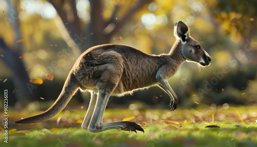 A kangaroo in a natural setting leaping through the air with a blurred background. photo