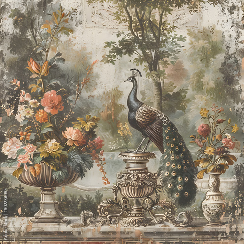 Wallpaper Mural Vintage Roman-inspired mural wallpaper with a colorful garden scene featuring a peacock, forest, and botanical plants. Torontodigital.ca