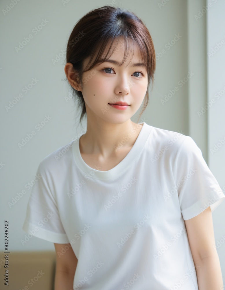 Portrait photo of Beautiful Japanese Woman in Casual Attire Posing by Window with Natural Light. Portrait photo of Beautiful Japanese Woman in Casual Attire Posing by Window with Natural Light.