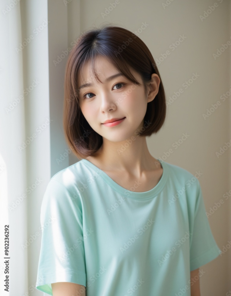 Portrait photo of Beautiful Japanese Woman in Casual Attire Posing by Window with Natural Light. Portrait photo of Beautiful Japanese Woman in Casual Attire Posing by Window with Natural Light.