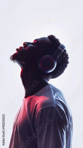 man with headphones looks up and get enjoy, photorealistic, side view, isolated on white background © Tebha Workspace
