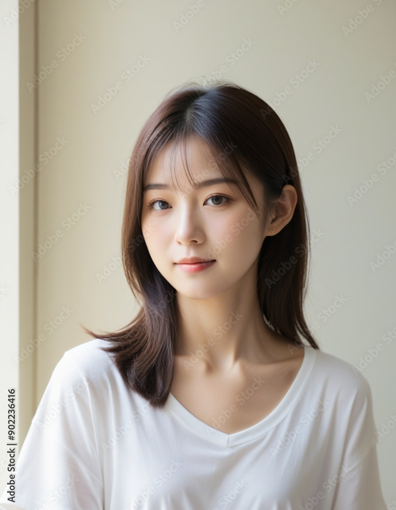 Portrait photo of Beautiful Japanese Woman in Casual Attire Posing by Window with Natural Light. Portrait photo of Beautiful Japanese Woman in Casual Attire Posing by Window with Natural Light.