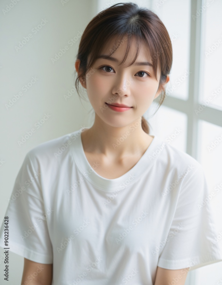 Portrait photo of Beautiful Japanese Woman in Casual Attire Posing by Window with Natural Light. Portrait photo of Beautiful Japanese Woman in Casual Attire Posing by Window with Natural Light.