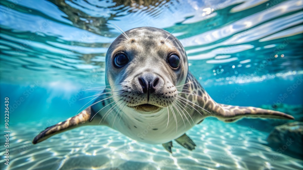 Obraz premium Adorable nerpa seals glide effortlessly through crystal-clear water in a sunlit indoor pool, their playful eyes and flippers capturing the joy of aquatic freedom.