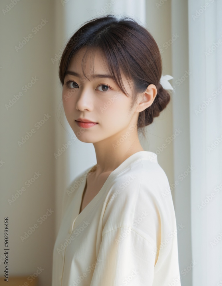 Portrait photo of Beautiful Japanese Woman in Casual Attire Posing by Window with Natural Light. Portrait photo of Beautiful Japanese Woman in Casual Attire Posing by Window with Natural Light.