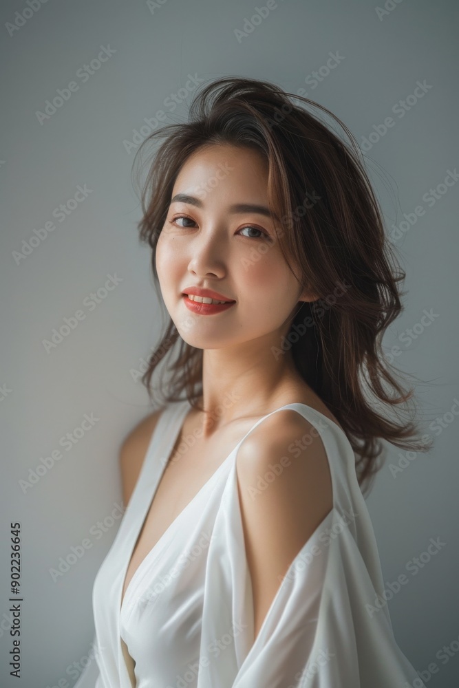 photo of beautiful Asian model smiling looking at the camera, isolated on dark grey, clean dark grey background photo of beautiful Asian model smiling looking at the camera, isolated on dark grey, clean dark grey background