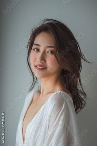 photo of beautiful Asian model smiling looking at the camera, isolated on dark grey, clean dark grey background