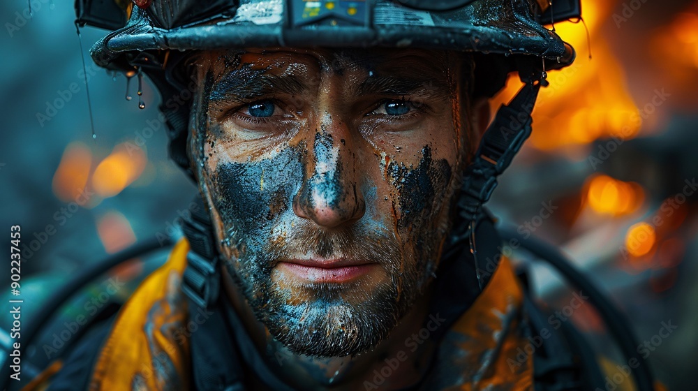 Firefighter with Soot-Covered Face in Flames Firefighter with Soot-Covered Face in Flames