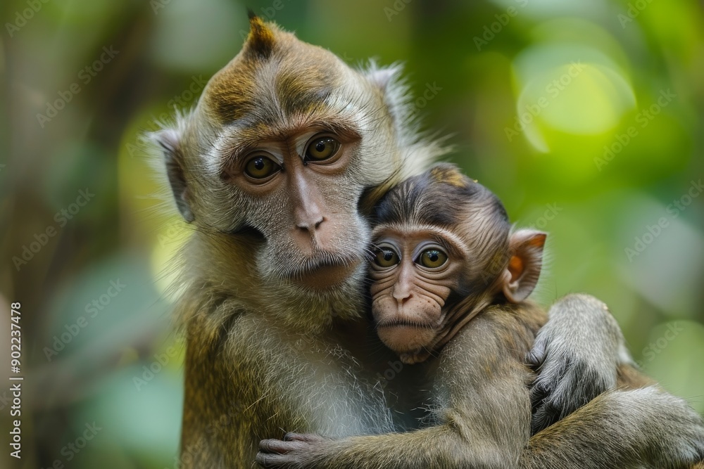 A macaque mother protectively holds her infant close in the lush rainforest, providing a sense of safety and comfort A macaque mother protectively holds her infant close in the lush rainforest, providing a sense of safety and comfort