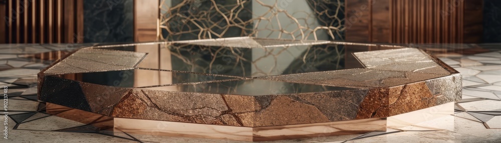 Modern hexagonal glass table with marble and wooden accents, blending luxury and contemporary design in an elegant setting. Modern hexagonal glass table with marble and wooden accents, blending luxury and contemporary design in an elegant setting.