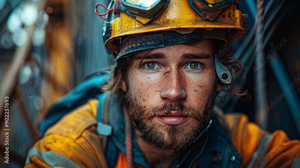 Focused Lineman in Safety Gear Focused Lineman in Safety Gear