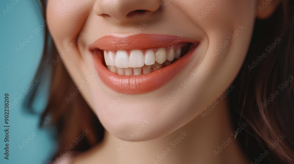 Obraz premium Beautiful female smile after teeth whitening procedure, showcasing bright, white teeth. Dental care and dentistry concept