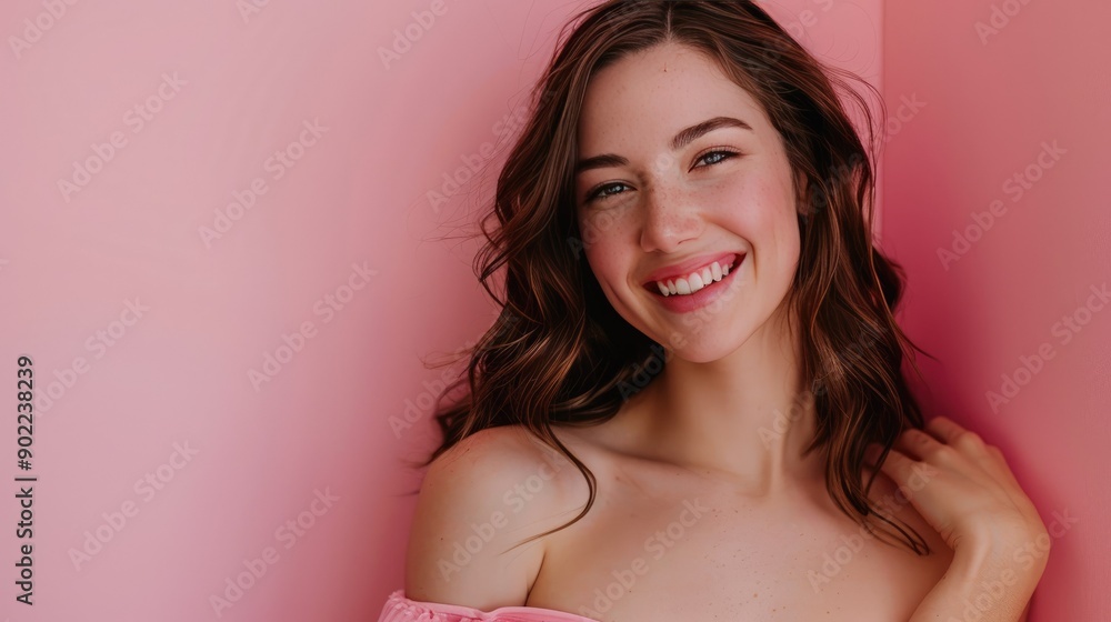 Beautiful woman smiling confidently, bust-up image on pink studio background, elegant and radiant Beautiful woman smiling confidently, bust-up image on pink studio background, elegant and radiant