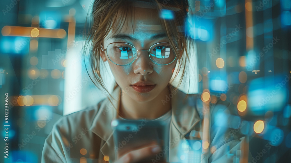 Business woman analyzing data on phone app, futuristic holographic display Business woman analyzing data on phone app, futuristic holographic display