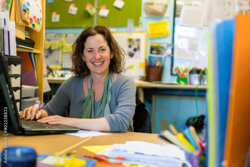 Fototapeta premium Portrait of a teacher preparing lesson plans and educational materials at their desk, Generative AI