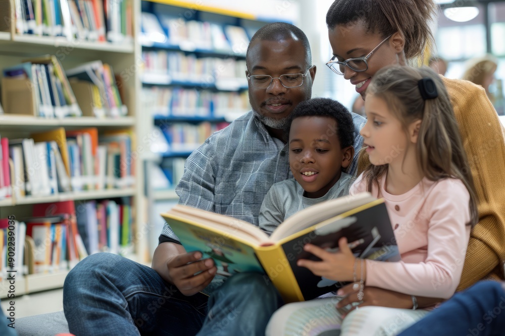 Portrait of a teacher reading a book to a group of children in a library, Generative AI Portrait of a teacher reading a book to a group of children in a library, Generative AI