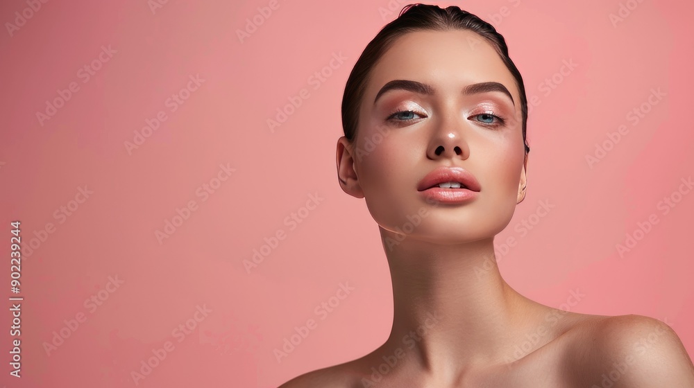 Elegant woman with flawless makeup, bust-up image on pink studio background, confident and serene Elegant woman with flawless makeup, bust-up image on pink studio background, confident and serene