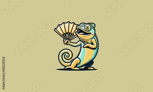The chameleon character smiles broadly while holding a fan in his hand vector mascot design