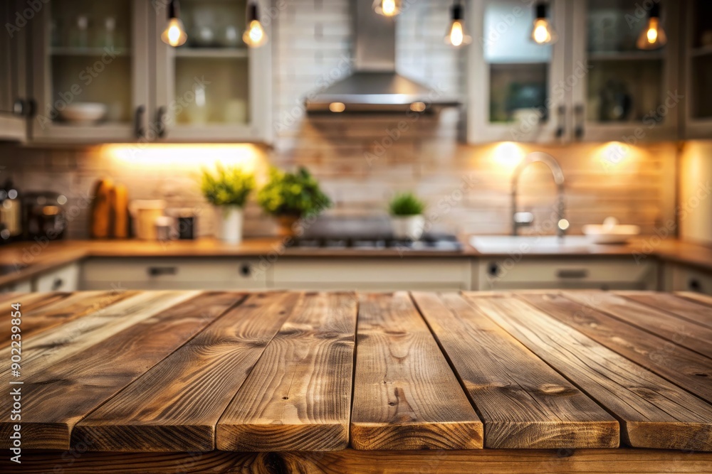 Empty rustic wooden table stands out against a softly blurred kitchen background, with subtle warm tones and a sense of intimacy and coziness. Empty rustic wooden table stands out against a softly blurred kitchen background, with subtle warm tones and a sense of intimacy and coziness.