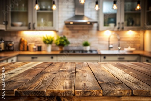 Empty rustic wooden table stands out against a softly blurred kitchen background, with subtle warm tones and a sense of intimacy and coziness. © Caitlin