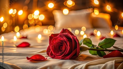 Fototapeta Naklejka Na Ścianę i Meble -  Elegant red rose with delicate petals scattered across a plush hotel bed, surrounded by soft candlelight, creating a serene and intimate ambiance for a romantic evening.