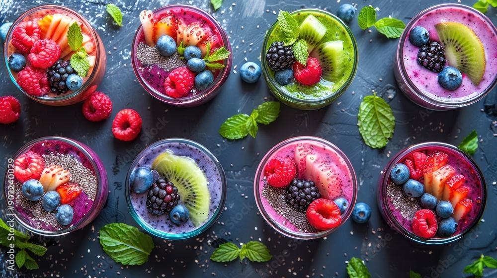 Overhead shot of colorful layered berry and chia seed smoothies in glass jars, fresh fruit garnish Overhead shot of colorful layered berry and chia seed smoothies in glass jars, fresh fruit garnish