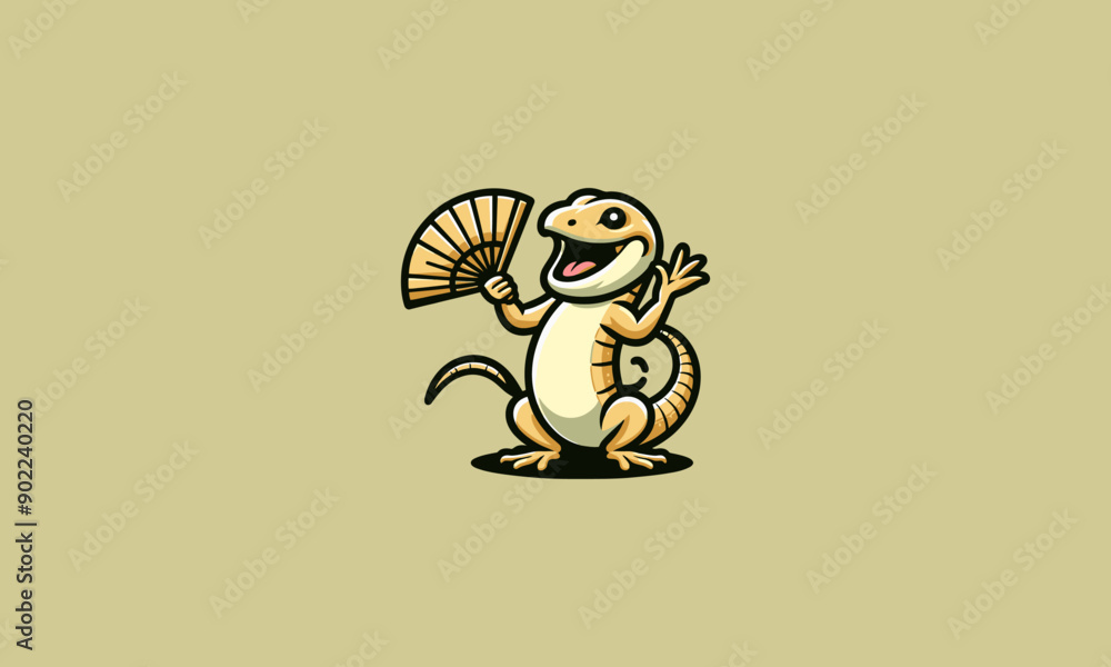 The lizard character smiles broadly while holding a fan in his hand vector mascot design The lizard character smiles broadly while holding a fan in his hand vector mascot design
