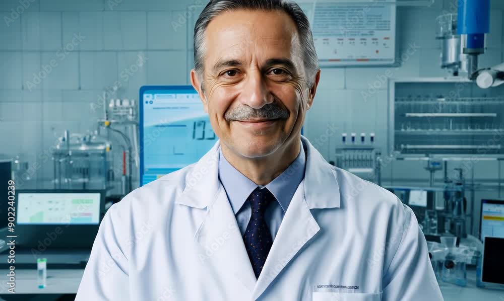 Portrait of a smiling senior doctor standing in a modern laboratory. Portrait of a smiling senior doctor standing in a modern laboratory.