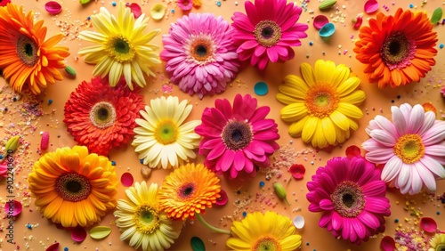 Wallpaper Mural Vibrant flat lay featuring colorful gerbera daisy flowers scattered across a bright background surrounded by festive confetti pieces in shades of pink, yellow, and orange. Torontodigital.ca