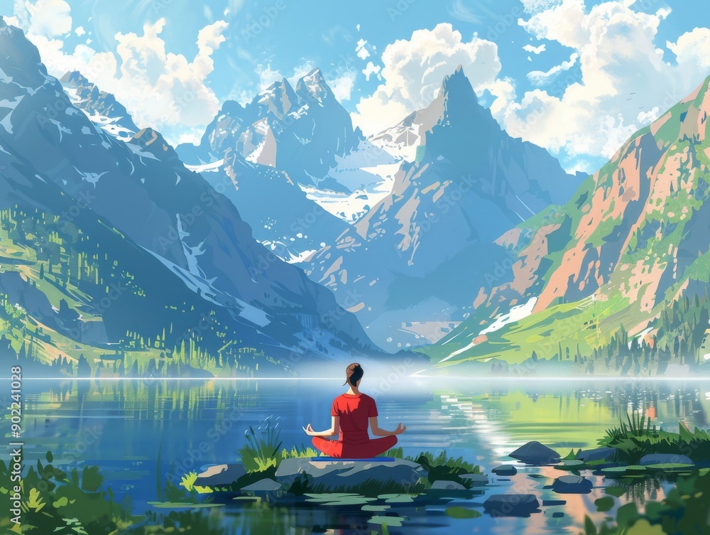 A serene landscape featuring a meditative figure by a tranquil lake, surrounded by majestic mountains and clear skies. A serene landscape featuring a meditative figure by a tranquil lake, surrounded by majestic mountains and clear skies.